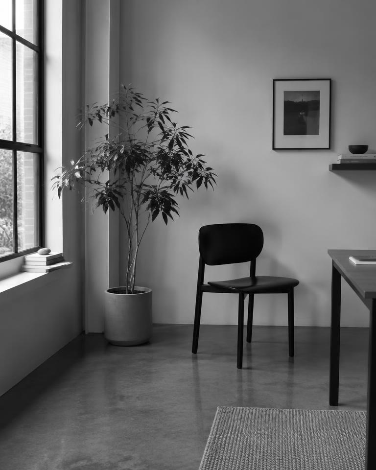 Quiet studio corner with a black chair, plant and window light